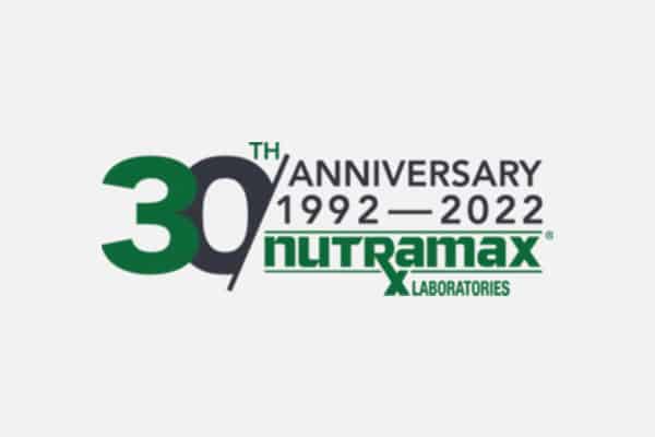 Logo for Nutramax Laboratories’ 30th anniversary, displaying "30th Anniversary 1992–2022" with the Nutramax Laboratories logo in green and black text—perfect for any animal hospital, veterinarian, or vet celebrating trusted care.
