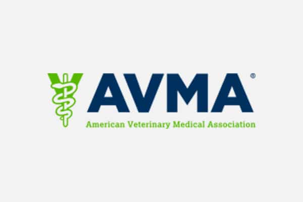 AVMA logo featuring a green veterinary caduceus symbol beside bold blue letters "AVMA" and the words "American Veterinary Medical Association" below, representing excellence in Vet and Animal Hospital standards.