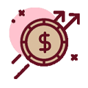 Illustration of a coin with a dollar sign in the center, flanked by two upward arrows and abstract shapes in the background, symbolizing financial growth or profit for an animal hospital or veterinarian.