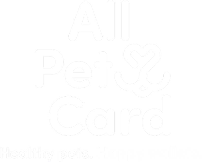 White text on a light background reads "All Pet Card" with a heart-shaped pet face in "Pet," plus the phrase "Healthy pets. Happy wallets." at the bottom—perfect for any Animal Hospital or Veterinarian's Pet Clinic.
