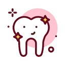 A cartoon illustration of a smiling tooth with sparkling stars around it, suggesting dental health, set against a pink circular background with decorative elements—perfect for a veterinarian or animal hospital specializing in pet dental care.