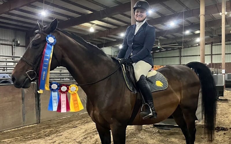 A smiling equestrian in riding attire sits on a dark horse decorated with several colorful award ribbons inside an indoor arena.