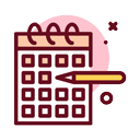Illustration of a spiral-bound calendar with a pencil pointing to one square, suggesting scheduling or planning a visit to the vet. There is a pink circle in the background and decorative marks.