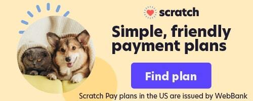A gray cat and a brown-and-white corgi dog lay together on a couch at the pet clinic. Text: "Scratch. Simple, friendly payment plans. Find plan." Footer: "Scratch Pay plans in the US are issued by WebBank.